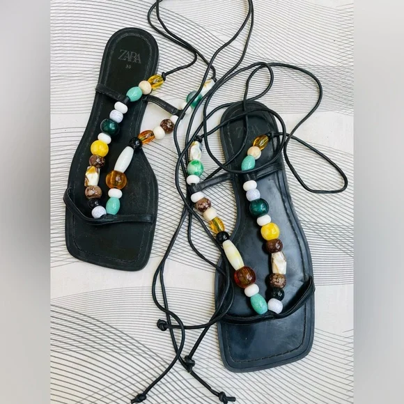 Brand new zara limited edition leather with beads summer lace up flat sandal - Picture 5 of 6